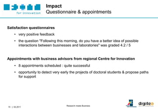 Impact
                        Questionnaire & appointments


Satisfaction questionnaires
     • very positive feedback
     • the question "Following this morning, do you have a better idea of possible
       interactions between businesses and laboratories" was graded 4.2 / 5


Appointments with business advisors from regional Centre for Innovation
     • 8 appointments scheduled : quite successful
     • opportunity to detect very early the projects of doctoral students & propose paths
       for support




                                     Research meets Business
15 | 02.2011
 