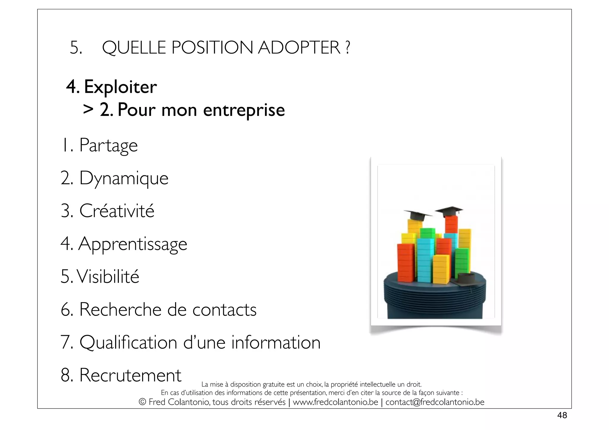 5.   QUELLE POSITION ADOPTER ?

4. Exploiter
   > 2. Pour mon entreprise
1. Partage
2. Dynamique
3. Créativité
4. Apprentissage
5. Visibilité
6. Recherche de contacts
7. Qualiﬁcation d’une information
8. Recrutement                    La mise à disposition gratuite est un choix, la propriété intellectuelle un droit.
                  En cas d’utilisation des informations de cette présentation, merci d’en citer la source de la façon suivante :
             © Fred Colantonio, tous droits réservés | www.fredcolantonio.be | contact@fredcolantonio.be
                                                                                                                                   48
 