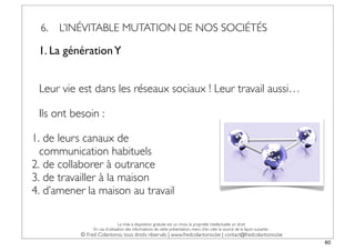 6.   L’INÉVITABLE MUTATION DE NOS SOCIÉTÉS

 1. La génération Y


 Leur vie est dans les réseaux sociaux ! Leur travail aussi…

 Ils ont besoin :

1. de leurs canaux de
  communication habituels
2. de collaborer à outrance
3. de travailler à la maison
4. d’amener la maison au travail

                                La mise à disposition gratuite est un choix, la propriété intellectuelle un droit.
                En cas d’utilisation des informations de cette présentation, merci d’en citer la source de la façon suivante :
           © Fred Colantonio, tous droits réservés | www.fredcolantonio.be | contact@fredcolantonio.be
                                                                                                                                 60
 