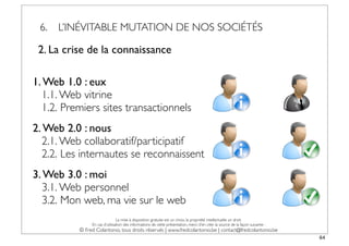 6.   L’INÉVITABLE MUTATION DE NOS SOCIÉTÉS

 2. La crise de la connaissance

1. Web 1.0 : eux
  1.1. Web vitrine
  1.2. Premiers sites transactionnels
2. Web 2.0 : nous
  2.1. Web collaboratif/participatif
  2.2. Les internautes se reconnaissent
3. Web 3.0 : moi
  3.1. Web personnel
  3.2. Mon web, ma vie sur le web
                               La mise à disposition gratuite est un choix, la propriété intellectuelle un droit.
               En cas d’utilisation des informations de cette présentation, merci d’en citer la source de la façon suivante :
          © Fred Colantonio, tous droits réservés | www.fredcolantonio.be | contact@fredcolantonio.be
                                                                                                                                64
 