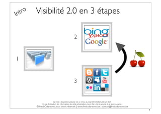In tro   Visibilité 2.0 en 3 étapes

                                                         2


1


                                                         3


                              La mise à disposition gratuite est un choix, la propriété intellectuelle un droit.
              En cas d’utilisation des informations de cette présentation, merci d’en citer la source de la façon suivante :
         © Fred Colantonio, tous droits réservés | www.fredcolantonio.be | contact@fredcolantonio.be
                                                                                                                               7
 