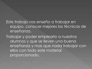 Este trabajo nos enseño a trabajar en
equipo, conocer mejores las técnicas de
enseñanza.
Trabajar y poder emplearlo a nuestros
alumnos y que se lleven una buena
enseñanza y mas que nada trabajar con
ellos con todo este material
proporcionado.