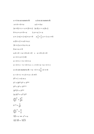 푎 + 푏 es un numero ℝ 푎. 푏 es un numero ℝ 
푎 + 푏 = 푏 + 푎 푎. 푏 = 푏. 푎 
(푎 + 푏) + 푐 = 푎 + (푏 + 푐) (푎. 푏). 푐 = 푎. (푏. 푐) 
0 + 푎 = 푎 + 0 = 푎 1. 푎 = 푎. 1 = 푎 
푎 + (−푎) = (−푎) + 푎 = 0 푎. 
1 
푎 
= 
1 
푎 
. 푎 = 1 ˄ 푎 ≠ 0 
푎. (푏 + 푐) = 푎. 푏 + 푎. 푐 
(푏 + 푐). 푎 = 푏. 푎 + 푐. 푎 
0. 푎 = 푎. = 0 
푎. 푏 = 0 → 푎 = 0 ˅ 푏 = 0 ˅ 푎 = 0 ˄ 푏 = 0 
푎 − 푏 = 푎 + (−푏) 
푎 − 푏 = 푐 ↔ 푐 + 푏 = 푎 
푎 − 푏 = 푐 → 푐 + 푏 = 푎 ˄ 푐 + 푏 = 푎 → 푎 − 푏 = 푐 
푎 ˄ 푏 푠표푛 푛푢푚푒푟표푠 ℝ → 푎 ÷ 푏 = 푎. 
1 
푏 
˄ 푏 ≠ 0 
푎 ÷ 푏 = 푐 ↔ 푐. 푏 = 푎 ˄ 푏 ≠ 0 
푏0 = 1 ↔ 푏 ≠ 표 
푏1 = 푏푏푚. 푏푛 = 푏푚.푛 
푏푚 ÷ 푏푛 = 푏푚−푛 
(푏푚)푛 = 푏푚.푛 
(푎. 푏)푚 = 푎푚. 푏푚 
푎 
푏 
( 
푚 
) 
= 
푎푚 
푏푚 
푏−푛 = 
1 
푏푛 
푎 
푏 
( 
−1 
) 
= 
푏 
푎 
√푎 푛 = 푥 ⟺ 푥푛 = 푎 
√푎 푛 . √푏 푛 = √푎. 푏 푛 
 