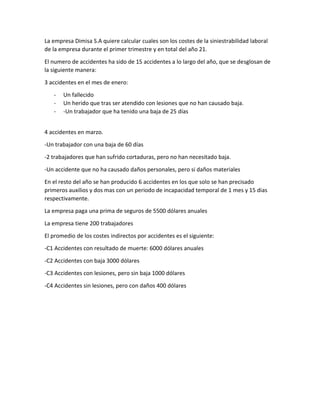 La empresa Dimisa S.A quiere calcular cuales son los costes de la siniestrabilidad laboral
de la empresa durante el primer trimestre y en total del año 21.
El numero de accidentes ha sido de 15 accidentes a lo largo del año, que se desglosan de
la siguiente manera:
3 accidentes en el mes de enero:
- Un fallecido
- Un herido que tras ser atendido con lesiones que no han causado baja.
- -Un trabajador que ha tenido una baja de 25 días
4 accidentes en marzo.
-Un trabajador con una baja de 60 días
-2 trabajadores que han sufrido cortaduras, pero no han necesitado baja.
-Un accidente que no ha causado daños personales, pero si daños materiales
En el resto del año se han producido 6 accidentes en los que solo se han precisado
primeros auxilios y dos mas con un periodo de incapacidad temporal de 1 mes y 15 dias
respectivamente.
La empresa paga una prima de seguros de 5500 dólares anuales
La empresa tiene 200 trabajadores
El promedio de los costes indirectos por accidentes es el siguiente:
-C1 Accidentes con resultado de muerte: 6000 dólares anuales
-C2 Accidentes con baja 3000 dólares
-C3 Accidentes con lesiones, pero sin baja 1000 dólares
-C4 Accidentes sin lesiones, pero con daños 400 dólares
 