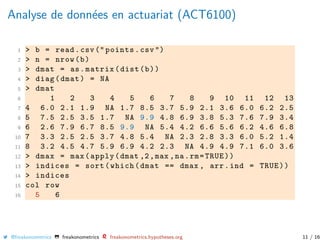 Analyse de donn´ees en actuariat (ACT6100)
1 > b = read.csv(" points.csv")
2 > n = nrow(b)
3 > dmat = as.matrix(dist(b))
4 > diag(dmat) = NA
5 > dmat
6 1 2 3 4 5 6 7 8 9 10 11 12 13
7 4 6.0 2.1 1.9 NA 1.7 8.5 3.7 5.9 2.1 3.6 6.0 6.2 2.5
8 5 7.5 2.5 3.5 1.7 NA 9.9 4.8 6.9 3.8 5.3 7.6 7.9 3.4
9 6 2.6 7.9 6.7 8.5 9.9 NA 5.4 4.2 6.6 5.6 6.2 4.6 6.8
10 7 3.3 2.5 2.5 3.7 4.8 5.4 NA 2.3 2.8 3.3 6.0 5.2 1.4
11 8 3.2 4.5 4.7 5.9 6.9 4.2 2.3 NA 4.9 4.9 7.1 6.0 3.6
12 > dmax = max(apply(dmat ,2,max ,na.rm=TRUE))
13 > indices = sort(which(dmat == dmax , arr.ind = TRUE))
14 > indices
15 col row
16 5 6
@freakonometrics freakonometrics freakonometrics.hypotheses.org 11 / 16
 