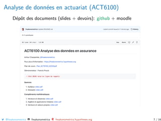 Analyse de donn´ees en actuariat (ACT6100)
D´epˆot des documents (slides + devoirs): github + moodle
@freakonometrics freakonometrics freakonometrics.hypotheses.org 7 / 16
 