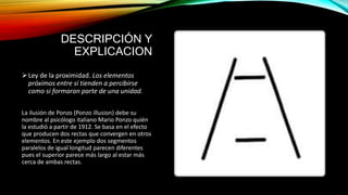 DESCRIPCIÓN Y
EXPLICACION
Ley de la proximidad. Los elementos
próximos entre sí tienden a percibirse
como si formaran parte de una unidad.
La ilusión de Ponzo (Ponzo illusion) debe su
nombre al psicólogo italiano Mario Ponzo quién
la estudió a partir de 1912. Se basa en el efecto
que producen dos rectas que convergen en otros
elementos. En este ejemplo dos segmentos
paralelos de igual longitud parecen diferentes
pues el superior parece más largo al estar más
cerca de ambas rectas.
 