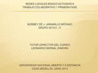 REDES LOCALES BÁSICO ACTIVIDAD 6
  TRABAJO COLABORATIVO 1 PRIMERA FASE




     NORBEY DE J. JARAMILLO MOYANO
           GRUPO 301121_11




       TUTOR (DIRECTOR DEL CURSO)
        LEONARDO BERNAL ZAMORA




UNIVERSIDAD NACIONAL ABIERTA Y A DISTANCIA
        CEAD MEDELLÍN, UNAD 2013
 