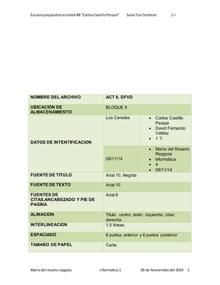 Escuela preparatoria estatal #8 “Carlos Castillo Peraza” Sarai Tun Centeno 1-i 
NOMBRE DEL ARCHIVO ACT 6. DFVD 
UBICACIÓN DE 
ALMACENAMIENTO 
BLOQUE II 
DATOS DE INTENTIFICACION 
Los Cenotes 
 Carlos Castillo 
Peraza 
 David Fernando 
Valdez 
 1 ¨I¨ 
09/11/14 
 María del Rosario 
Raygoza 
 Informática 
 4 
 09/11/14 
FUENTE DE TITULO Arial 10, Negrita 
FUENTE DE TEXTO Arial 10 
FUENTES DE 
CITAS,ANCABEZADO Y PIE DE 
PAGINA 
Arial 8 
ALINACION Título: centro; texto: izquierda; citas: 
derecha. 
INTERLINEACION 1.5 líneas. 
ESPACIADO 6 puntos anterior y 6 puntos posterior 
TAMAÑO DE PAPEL Carta. 
Maria del rosario raygoza informática 1 09 de Noviembre del 2014 1 
 