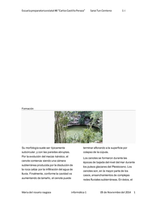 Escuela preparatoria estatal #8 “Carlos Castillo Peraza” Sarai Tun Centeno 1-i 
Formación 
Su morfología suele ser típicamente 
subcircular, y con las paredes abruptas. 
Por la evolución del macizo kárstico, el 
cenote comienza siendo una cámara 
subterránea producida por la disolución de 
la roca caliza por la infiltración del agua de 
lluvia. Finalmente, conforme la cavidad va 
aumentando de tamaño, el cenote puede 
terminar aflorando a la superficie por 
colapso de la cúpula. 
Los cenotes se formaron durante las 
épocas de bajada del nivel del mar durante 
los pulsos glaciares del Pleistoceno. Los 
cenotes son, en la mayor parte de los 
casos, ensanchamientos de complejas 
redes fluviales subterráneas. En éstos, el 
Maria del rosario raygoza informática 1 09 de Noviembre del 2014 1 
 