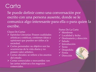 Carta
Se puede definir como una conversación por
escrito con una persona ausente, donde se le
comunica algo interesante para ella o para quien la
escribe.
                                               Partes De La Carta
Clases De Cartas                                Membrete
 Epístolas Literarias: Poseen cualidades       Localidad y fecha
   artísticas y estéticas, contienen ideas u    Destinatario y dirección
   opiniones que pueden ser útiles a la         Saludo
   sociedad.                                    Introducción
 Cartas personales: su objetivo son las        Texto
   ocurrencias de la vida diaria y no           Despedida
   poseen valor artístico.                      Firma
 Cartas oficiales: se refiere a los asuntos    Dirección
   del estado.
 Cartas comerciales o mercantiles: son
   las cartas relativas a los negocios
   comerciales.
 