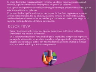 El enero descriptivo es representación verbal de un objeto, persona, paisaje , animal,
    emoción, y prácticamente todo lo que pueda ser puesto en palabras.
    Este tipo de texto pretende que el lector obtenga una imagen exacta de la realidad que se
    esta transmitiendo en palabras.
    El proceso de descripción se divide en tres etapas. La fase final es presentar lo que se
    definió en las primeras dos. La primera, entonces, consiste en observar la realidad,
    analizando detenidamente todos los detalles que podamos reconocer para luego, en la
    segunda etapa, podamos ordenar esa información.

    DESCRIPTIVA
     Es muy importante diferenciar dos tipos de descripción: la técnica y la literaria.
      Entre ambos hay muchas diferencias:
     En la descripción técnica es fundamental que la objetividad siempre sea respetada
      para que la información no sea distorsionada por algún punto de vista u opinión. El
      lenguaje que se utilizará es frío, con palabras técnicas que sólo apuntan a explicar
      una característica de lo que se intenta representar.
 