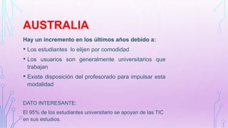 AUSTRALIA
Hay un incremento en los últimos años debido a:
• Los estudiantes lo elijen por comodidad
• Los usuarios son generalmente universitarios que
trabajan
• Existe disposición del profesorado para impulsar esta
modalidad
DATO INTERESANTE:
El 95% de los estudiantes universitario se apoyan de las TIC
en sus estudios.