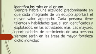 Identifica los roles en el grupo.
Siempre habrá una actividad predominante en
que cada integrante de un equipo aportará el
mayor valor agregado. Cada persona tiene
talentos y habilidades que, si son identificados y
explotados, en las actividades más. Las mayores
oportunidades de crecimiento de una persona
siempre serán en las áreas de mayor fortaleza
dicho individuo
 