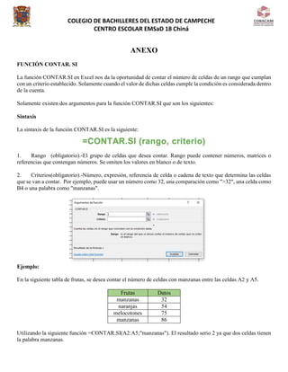 COLEGIO DE BACHILLERES DEL ESTADO DE CAMPECHE
CENTRO ESCOLAR EMSaD 18 Chiná
ANEXO
FUNCIÓN CONTAR. SI
La función CONTAR.SI en Excel nos da la oportunidad de contar el número de celdas de un rango que cumplan
con un criterio establecido. Solamente cuando el valor de dichas celdas cumple la condición es considerada dentro
de la cuenta.
Solamente existen dos argumentos para la función CONTAR.SI que son los siguientes:
Sintaxis
La sintaxis de la función CONTAR.SI es la siguiente:
1. Rango (obligatorio).-El grupo de celdas que desea contar. Rango puede contener números, matrices o
referencias que contengan números. Se omiten los valores en blanco o de texto.
2. Criterios(obligatorio).-Número, expresión, referencia de celda o cadena de texto que determina las celdas
que se van a contar. Por ejemplo, puede usar un número como 32, una comparación como ">32", una celda como
B4 o una palabra como "manzanas".
Ejemplo:
En la siguiente tabla de frutas, se desea contar el número de celdas con manzanas entre las celdas A2 y A5.
Frutas Datos
manzanas 32
naranjas 54
melocotones 75
manzanas 86
Utilizando la siguiente función =CONTAR.SI(A2:A5;"manzanas"). El resultado serio 2 ya que dos celdas tienen
la palabra manzanas.
=CONTAR.SI (rango, criterio)
 