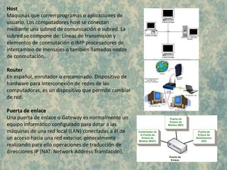 Host
Maquinas que corren programas o aplicaciones de
usuario. Los computadores host se conectan
mediante una subred de comunicación o subred. La
subred se compone de: Líneas de transmisión y
elementos de conmutación o IMP procesadores de
intercambio de mensajes o también llamados nodos
de conmutación.

Router
En español, enrutador o encaminado. Dispositivo de
hardware para interconexión de redes de las
computadoras, es un dispositivo que permite cambiar
de red.

Puerta de enlace
Una puerta de enlace o Gateway es normalmente un
equipo informático configurado para dotar a las
máquinas de una red local (LAN) conectadas a él de
un acceso hacia una red exterior, generalmente
realizando para ello operaciones de traducción de
direcciones IP (NAT: Network Address Translación).
 