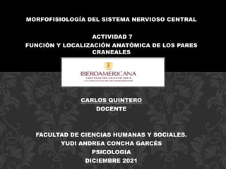 MORFOFISIOLOGÍA DEL SISTEMA NERVIOSO CENTRAL
ACTIVIDAD 7
FUNCIÓN Y LOCALIZACIÓN ANATÓMICA DE LOS PARES
CRANEALES
CARLOS QUINTERO
DOCENTE
FACULTAD DE CIENCIAS HUMANAS Y SOCIALES.
YUDI ANDREA CONCHA GARCÉS
PSICOLOGIA
DICIEMBRE 2021
 