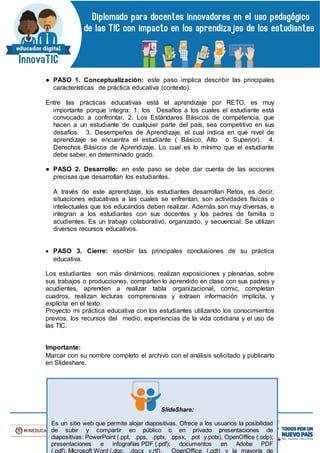● PASO 1. Conceptualización: este paso implica describir las principales
características de práctica educativa (contexto).
Entre las prácticas educativas está el aprendizaje por RETO, es muy
importante porque integra: 1. los Desafíos a los cuales el estudiante está
convocado a confrontar. 2. Los Estándares Básicos de competencia, que
hacen a un estudiante de cualquier parte del país, sea competitivo en sus
desafíos. 3. Desempeños de Aprendizaje, el cual indica en qué nivel de
aprendizaje se encuentra el estudiante ( Básico, Alto o Superior). 4.
Derechos Básicos de Aprendizaje. Lo cual es lo mínimo que el estudiante
debe saber, en determinado grado.
● PASO 2. Desarrollo: en este paso se debe dar cuenta de las acciones
precisas que desarrollan los estudiantes.
A través de este aprendizaje, los estudiantes desarrollan Retos, es decir,
situaciones educativas a las cuales se enfrentan, son actividades físicas o
intelectuales que los educandos deben realizar. Además son muy diversas, e
integran a los estudiantes con sus docentes y los padres de familia o
acudientes. Es un trabajo colaborativo, organizado, y secuencial. Se utilizan
diversos recursos educativos.
 PASO 3. Cierre: escribir las principales conclusiones de su práctica
educativa.
Los estudiantes son más dinámicos, realizan exposiciones y plenarias, sobre
sus trabajos o producciones, comparten lo aprendido en clase con sus padres y
acudientes, aprenden a realizar tabla organizacional, cómic, completan
cuadros, realizan lecturas comprensivas y extraen información implícita, y
explícita en el texto.
Proyecto mi práctica educativa con los estudiantes utilizando los conocimientos
previos, los recursos del medio, experiencias de la vida cotidiana y el uso de
las TIC.
Importante:
Marcar con su nombre completo el archivo con el análisis solicitado y publicarlo
en Slideshare.
SlideShare:
Es un sitio web que permite alojar diapositivas. Ofrece a los usuarios la posibilidad
de subir y compartir en público o en privado presentaciones de
diapositivas: PowerPoint (.ppt, .pps, .pptx, .ppsx, .pot y.potx), OpenOffice (.odp);
presentaciones e infografías PDF (.pdf); documentos en Adobe PDF
(.pdf), Microsoft Word (.doc, .docx y.rtf), OpenOffice (.odt) y la mayoría de
 