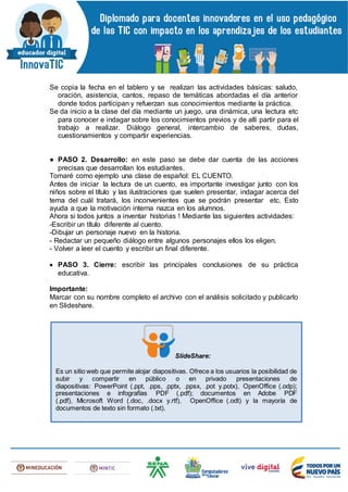 Se copia la fecha en el tablero y se realizan las actividades básicas: saludo,
oración, asistencia, cantos, repaso de temáticas abordadas el día anterior
donde todos participan y refuerzan sus conocimientos mediante la práctica.
Se da inicio a la clase del día mediante un juego, una dinámica, una lectura etc
para conocer e indagar sobre los conocimientos previos y de allí partir para el
trabajo a realizar. Diálogo general, intercambio de saberes, dudas,
cuestionamientos y compartir experiencias.
● PASO 2. Desarrollo: en este paso se debe dar cuenta de las acciones
precisas que desarrollan los estudiantes.
Tomaré como ejemplo una clase de español: EL CUENTO.
Antes de iniciar la lectura de un cuento, es importante investigar junto con los
niños sobre el título y las ilustraciones que suelen presentar, indagar acerca del
tema del cuál tratará, los inconvenientes que se podrán presentar etc. Esto
ayuda a que la motivación interna nazca en los alumnos.
Ahora si todos juntos a inventar historias ! Mediante las siguientes actividades:
-Escribir un título diferente al cuento.
-Dibujar un personaje nuevo en la historia.
- Redactar un pequeño diálogo entre algunos personajes ellos los eligen.
- Volver a leer el cuento y escribir un final diferente.
 PASO 3. Cierre: escribir las principales conclusiones de su práctica
educativa.
Importante:
Marcar con su nombre completo el archivo con el análisis solicitado y publicarlo
en Slideshare.
SlideShare:
Es un sitio web que permite alojar diapositivas. Ofrece a los usuarios la posibilidad de
subir y compartir en público o en privado presentaciones de
diapositivas: PowerPoint (.ppt, .pps, .pptx, .ppsx, .pot y.potx), OpenOffice (.odp);
presentaciones e infografías PDF (.pdf); documentos en Adobe PDF
(.pdf), Microsoft Word (.doc, .docx y.rtf), OpenOffice (.odt) y la mayoría de
documentos de texto sin formato (.txt).
 