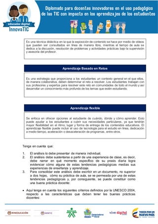 Tenga en cuenta que:
1. El análisis lo debe presentar de manera individual.
2. El análisis debe sustentarse a partir de una experiencia de clase, es decir,
debe narrar en qué momento específico de su praxis diaria logra
evidenciar cómo alguna de estas tendencias pedagógicas medias sus
experiencias de enseñanza y aprendizaje.
3. Para consolidar este análisis debe escribir en un documento, no superior
a dos hojas, cómo su práctica de aula, se ve permeada por una de estas
tendencias pedagógicas y, por consiguiente, se puede constituir como
una buena práctica docente:
 Aquí tenga en cuenta los siguientes criterios definidos por la UNESCO 2004,
respecto a las características que deben tener las buenas prácticas
docentes:
Es una técnica didáctica en la que la exposición de contenido se hace por medio de videos
que pueden ser consultados en línea de manera libre, mientras el tiempo de aula se
dedica a la discusión, resolución de problemas y actividades prácticas bajo la supervisión
y asesoría del profesor.
Es una estrategia que proporciona a los estudiantes un contexto general en el que ellos,
de manera colaborativa, deben determinar el reto a resolver. Los estudiantes trabajan con
sus profesores y expertos para resolver este reto en comunidades de todo el mundo y así
desarrollar un conocimiento más profundo de los temas que estén estudiando.
Aprendizaje Basado en Retos
Se enfoca en ofrecer opciones al estudiante de cuándo, dónde y cómo aprender. Esto
puede ayudar a los estudiantes a cubrir sus necesidades particulares, ya que tendrán
mayor flexibilidad en el ritmo, lugar y forma de entrega de los contenidos educativos. El
aprendizaje flexible puede incluir el uso de tecnología para el estudio en línea, dedicación
a medio tiempo, aceleración o desaceleración de programas, entre otros.
Aprendizaje flexible
 