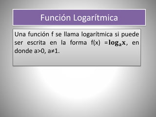 Función Logarítmica
Una función f se llama logarítmica si puede
ser escrita en la forma f(x) =𝐥𝐨𝐠 𝐚 𝐱, en
donde a>0, a≠1.
 