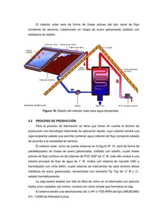 El colector solar será de forma de líneas activas del tipo canal de flujo
constante de aluminio, coberturado en chapa de acero galvanizado soldado con
soldadura de estaño.




           Figura 10: Diseño del colector solar para agua temperada.


4.2   PROCESO DE PRODUCCIÓN
      Para el proceso de fabricación se tiene que tomar en cuenta la técnica de
producción con tecnología intermedia de aplicación rápida, cuyo colector tendrá una
caja-recipiente aislada que permita contener agua caliente de flujo constante aislado
de acuerdo a la necesidad de servicio.
      El colector solar, como se puede observar en la figura Nº 10, será de forma de
paralelepípedo de chapa de acero galvanizado, soldado con estaño, cuyas líneas
activas de flujo continuo es de tuberías de PVC SAP de ½” Φ, todo ello unidos a una
tubería principal de flujo de agua de 1” Φ, unidos con sistema de roscado UNC y
hermetizado con cinta teflón, cuyas tuberías de intercambio de calor tendrán aletas
metálicas de acero galvanizado, remachados con remache Tip Top de ¼” Φ x ¼”,
sellado herméticamente.
      La caja estará aislada con tela de fibra de vidrio en el intermedio con plancha
triplay a los costados; así mismo, contará con vidrio simple que hermetice la caja.
      El sistema tendrá una electrobomba de ¼ HP a 1700 RPM del tipo UMUBCM42
A1l - 0,60M de Hidrostal (Lima).
 