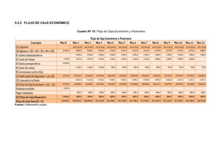 5.5.2 FLUJO DE CAJA ECONÓMICO

                                Cuadro Nº 15: Flujo de Caja Económico y Financiero.




Fuente: Elaboración propia.
 