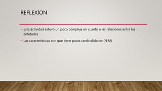 REFLEXION
• Esta actividad estuvo un poco compleja en cuanto a las relaciones entre las
entidades
• Las características son que tiene puras cardinalidades (N:M)
 