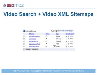 Video Search + Video XML Sitemaps




   35BCDD...>8008)*>(01D,2BB0&-D.*A1$,-*&,DA+%D$%,.*&>B7<3)S*%^$%,.*&SGUVPY!
 