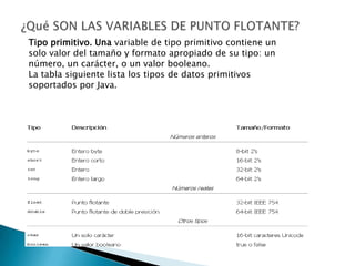 Tipo primitivo. Una variable de tipo primitivo contiene un
solo valor del tamaño y formato apropiado de su tipo: un
número, un carácter, o un valor booleano.
La tabla siguiente lista los tipos de datos primitivos
soportados por Java.
 