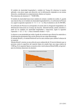 El módulo de elasticidad longitudinal o módulo de Young (E) relaciona la tensión
aplicada a una pieza según una dirección con la deformación originada en esa misma
dirección, considerando un comportamiento elástico en la pieza.
Para aleaciones de aluminio E = 70.000 MPa.
El módulo de elasticidad transversal, módulo de cortante o módulo de cizalla, G, guarda
una relación fija con el módulo de elasticidad longitudinal (E) y el coeficiente de Poisson
(ν), según la siguiente expresión: G = E / 2 ∙ (1 + ν). Para el aluminio es de 26.300 MPa.
El coeficiente de Poisson (ν) corresponde a la razón entre la elongación longitudinal y la
deformación transversal en el ensayo de tracción. Alternativamente, puede calcularse a
partir de los módulos de elasticidad longitudinal y transversal, según la siguiente
expresión: ν = (E / 2 ∙ G) - 1. Para el aluminio aleado ν = 0,33.
La dureza es una propiedad que mide el grado de resistencia que ofrecen los materiales a
la deformación permanente bajo acción directa de una carga determinada.
El método Brinell y el método Rockwell son los más comunes para calibrar la dureza de
un material.
Método Brinell: consiste en una esfera de acero endurecido de 10 mm de diámetro que se
presiona contra la superficie del material objeto de estudio bajo una carga estática de
3.000 kg. En la siguiente figura se muestra cómo varía la dureza Brinell (HB), en kg/mm2
,
para las distintas aleaciones de aluminio:
23/11/2015
 