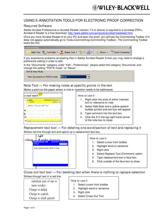 USING E-ANNOTATION TOOLS FOR ELECTRONIC PROOF CORRECTION
Required Software
Adobe Acrobat Professional or Acrobat Reader (version 7.0 or above) is required to e-annotate PDFs.
Acrobat 8 Reader is a free download: http://www.adobe.com/products/acrobat/readstep2.html
Once you have Acrobat Reader 8 on your PC and open the proof, you will see the Commenting Toolbar (if it
does not appear automatically go to Tools>Commenting>Commenting Toolbar). The Commenting Toolbar
looks like this:




If you experience problems annotating files in Adobe Acrobat Reader 9 then you may need to change a
preference setting in order to edit.
In the “Documents” category under “Edit – Preferences”, please select the category ‘Documents’ and
change the setting “PDF/A mode:” to “Never”.




Note Tool — For making notes at specific points in the text
Marks a point on the paper where a note or question needs to be addressed.

                                              How to use it:
                                               1. Right click into area of either inserted
                                                   text or relevance to note
                                               2. Select Add Note and a yellow speech
                                                   bubble symbol and text box will appear
                                               3. Type comment into the text box
                                               4. Click the X in the top right hand corner
                                                   of the note box to close.

Replacement text tool — For deleting one word/section of text and replacing it
Strikes red line through text and opens up a replacement text box.

                                                        How   to use it:
                                                         1.    Select cursor from toolbar
                                                         2.    Highlight word or sentence
                                                         3.    Right click
                                                         4.    Select Replace Text (Comment) option
                                                         5.    Type replacement text in blue box
                                                         6.    Click outside of the blue box to close



Cross out text tool — For deleting text when there is nothing to replace selection
Strikes through text in a red line.
                                        How   to use it:
                                         1.    Select cursor from toolbar
                                         2.    Highlight word or sentence
                                         3.    Right click
                                         4.    Select Cross Out Text



Page 1 of 3
 