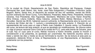Acta N 02/22
• En la ciudad de Choré, Departamento de San Pedro, República del Paraguay, Colegio
Parroquial San José Obrero, sito, Avda. José Félix Estigarribia y Presbítero Francisco Javier
Bogarín, Barrio, Santa Ana, el dieciocho de octubre de dos mil veintidós, siendo las 08:00,
reunión ordinaria del Tercer Curso, Turno Mañana. Presentes, Nelsy Pérez, Presidente, Arsenio
Cáceres, Vice Presidente, Alex Figueredo, Secretario, Miembros del curso: Karen Amarrilla,
Alma Chávez, Liliana Collante, Deisy Cáceres, Jordana Rolón, Matías Mendoza y Fermín
González. Siendo las 08:30, habiendo quorum suficiente, la Representante abre la reunión con
la lectura del Orden del día: 1. Lectura y consideración del acta anterior, 2. Elección de un
representante del curso para un viaje a Pedro Juan Caballero 3. Asunto varios. La Presidente
del curso, da lectura del acta anterior, el que es aprobado sin modificaciones. Se informa sobre
un viaje al parque nacional Cerro Corá de la ciudad de P.J.C. para este treinta de Octubre, para
el cuál, hay un cupo para el curso, Matías mociona a Karen Amarilla, puesta la moción a
consideración a los presentes, es aprobada por unanimidad, No habiendo asuntos varios a
tratar y siendo las diez y media se da por terminada la reunión. Se da lectura al acta para su
aceptación, debiendo firmar el Acta, el Representante, el vice Representante, el Secretario,
juntamente con los presentes.
Nelsy Pérez Arsenio Cáceres Alex Figueredo
Presidente Vice. Presidente Secretario
 