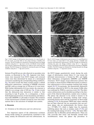 6456                                      I. Gutierrez-Urrutia, D. Raabe / Acta Materialia 59 (2011) 6449–6462




Fig. 9. ECCI images of deformation microstructure of a type II grain at       Fig. 10. ECCI images of deformation microstructure of a type III grain at
0.3 true strain. (a) Large ﬁeld of view image showing a lamellar twin         0.3 true strain. (a) Large ﬁeld of view image showing a multiple twin
structure. The ECCI image was obtained by orienting the grain into Bragg      structure with dislocation substructures. The ECCI image was obtained by
condition using the (1 1 À1)g vector (arrow). (b) Details of the lamellar     orienting the grain into Bragg condition using the (1 À1 1)g vector
twin structure. Dislocation boundaries are visible in areas with large twin   (arrow). (b) Details of the dislocation substructure consisting of HDDWs
spacing. The ECCI image was obtained by orienting the grain into Bragg        and DCs. The ECCI image was obtained by orienting the grain into Bragg
condition using the (1 À1 1)g vector (arrow).                                 condition using the (À1 1 1)g vector (arrow).


between 20 and 60 nm are only observed on secondary twin                      the ECCI images quantitatively reveal, during the early
systems, as illustrated in Fig. 10b. Apparent twin thick-                     stages of deformation (strain below 0.1 true strain) the
nesses were measured from ECCI images and corrected                           deformed microstructure is formed by DCs and highly
values were then determined by means of a stereological                       dense dislocation arrangements (HDDWs and HDDW
correction considering the corresponding tilting conditions.                  structures). ECCI images reveal dislocation patterns that
Fig. 10a and b reveals that these crystals contain a reﬁned                   are similar to those found in TEM observations on disloca-
dislocation substructure, consisting of HDDW structures                       tion substructures in low-to-medium stacking fault energy
and DCs with an average size of 550 nm at 0.3 true strain.                    metals [30–33]. In particular, the characteristic dislocation
With further deformation (0.4 true strain), the structure is                  cell pattern observed by ECCI in the present FeMn alloy
reﬁned to an average value of 450 nm. Fig. 10 also reveals                    was conﬁrmed by TEM in a previous work [24]. The dislo-
that the dislocation–twin interaction is similar to that                      cation substructures can be classiﬁed according to the char-
occurring in type II grains. As a consequence, a rhom-                        acter of the observed slip patterns, namely wavy or planar.
boid-shaped nanostructure of twin boundaries and disloca-                     The planar slip character in fcc metals is known to be
tion walls (HDDWs or cell walls) is formed. The evolution                     mainly promoted by decreasing stacking fault energy,
of this nanostructure is further favored by twin–twin inter-                  increasing friction stress and the occurrence of short-range
sections due to the activation of multiple twin systems.                      ordering [35,36]. In the present TWIP steel, where ordering
                                                                              has not been observed, the two parameters that can pro-
4. Discussion                                                                 mote planar slip are predominantly the friction stress
                                                                              (r0 = 157 MPa [17], which is higher than for materials
4.1. Evolution of the dislocation and twin substructure                       exhibiting planar slip such as stainless steels [37,38]) and
                                                                              the stacking fault energy (22 mJ mÀ2 [39]). The latter eﬀect
   Two important aspects of the substructure evolution                        promotes slip via Shockley partial dislocations. These can
during tensile testing are quantitatively examined in this                    only cross-slip after stress- and thermally assisted local
study, namely the dislocation and twin substructures. As                      recombination, hence the planar slip prevalence in
 