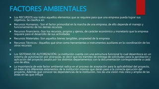 FACTORES AMBIENTALES
 Los RECURSOS son todos aquellos elementos que se requiere para que una empresa pueda lograr sus
objetivos. Se clasifica en:
 Recursos Humanos.- Son el factor primordial en la marcha de una empresa, de ello depende el manejo y
funcionamiento de los demás recursos.
 Recursos financieros.-Son los recursos, propios y ajenos, de carácter económico y monetario que la empresa
requiere para el desarrollo de sus actividades
 Recursos Materiales.-Son aquellos bienes tangibles, propiedad de la empresa
 Recursos Técnicos.- Aquellos que sirve como herramientas e instrumentos auxiliares en la coordinación de los
otros recursos

 Los SISTEMAS DE AUTORIZACIÓN. La institución cuenta con una estructura funcional lo cual desemboca en un
sistema de autorización por jerarquías, es decir que los tramites de entrega de solicitudes para la aprobación y
aplicación del proyecto pasará por los distintos departamentos con la documentación correspondiente a cada
uno de ellos.
 La importancia de este factor ambiental radica en el proceso de aceptación para la aplicabilidad del proyecto,
en base a los diferentes estamentos de la institución mismos que darán paso a la correcta ejecución del
proyecto. Además que conocer las dependencias de la institución, nos da una visión más clara y amplia de las
áreas en las que influye
 