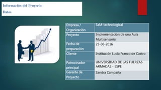 Información del Proyecto
Datos
Empresa /
Organización
SaM-technological
Proyecto Implementación de una Aula
Multisensorial
Fecha de
preparación
25-06-2016
Cliente Institución Lucía Franco de Castro
Patrocinador
principal
UNIVERSIDAD DE LAS FUERZAS
ARMADAS - ESPE
Gerente de
Proyecto
Sandra Campaña
 