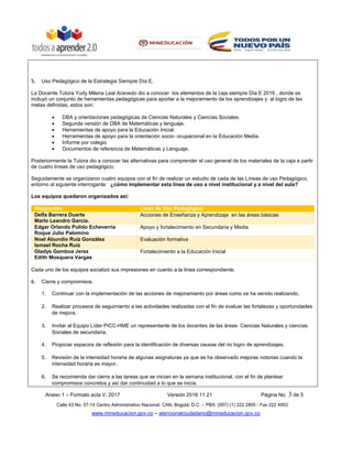 Anexo 1 – Formato acta V. 2017 Versión 2016 11 21 Página No. 3 de 5
Calle 43 No. 57-14 Centro Administrativo Nacional, CAN, Bogotá, D.C. – PBX: (057) (1) 222 2800 - Fax 222 4953
www.mineducacion.gov.co – atencionalciudadano@mineducacion.gov.co
5. Uso Pedagógico de la Estrategia Siempre Día E.
La Docente Tutora Yudy Milena Leal Acevedo dio a conocer los elementos de la caja siempre Día E 2016 , donde se
incluyó un conjunto de herramientas pedagógicas para aportar a la mejoramiento de los aprendizajes y al logro de las
metas definidas, estos son:
 DBA y orientaciones pedagógicas de Ciencias Naturales y Ciencias Sociales.
 Segunda versión de DBA de Matemáticas y lenguaje.
 Herramientas de apoyo para la Educación Inicial.
 Herramientas de apoyo para la orientación socio- ocupacional en la Educación Media.
 Informe por colegio
 Documentos de referencia de Matemáticas y Lenguaje.
Posteriormente la Tutora dio a conocer las alternativas para comprender el uso general de los materiales de la caja a partir
de cuatro líneas de uso pedagógico.
Seguidamente se organizaron cuatro equipos con el fin de realizar un estudio de cada de las Líneas de uso Pedagógico,
entorno al siguiente interrogante: ¿cómo implementar esta línea de uso a nivel institucional y a nivel del aula?
Los equipos quedaron organizados así:
Integrantes Línea de Uso Pedagógico
Delfa Barrera Duarte
Marlo Leandro García.
Acciones de Enseñanza y Aprendizaje en las áreas básicas
Edgar Orlando Pulido Echeverría
Roque Julio Palomino
Apoyo y fortalecimiento en Secundaria y Media
Noel Abundio Ruiz González
Ismael Rocha Ruiz
Evaluación formativa
Gladys Gamboa Jerez
Edith Mosquera Vargas
Fortalecimiento a la Educación Inicial
Cada uno de los equipos socializó sus impresiones en cuanto a la línea correspondiente.
6. Cierre y compromisos.
1. Continuar con la implementación de las acciones de mejoramiento por áreas como se ha venido realizando.
2. Realizar procesos de seguimiento a las actividades realizadas con el fin de evaluar las fortalezas y oportunidades
de mejora.
3. Invitar al Equipo Líder PICC-HME un representante de los docentes de las áreas: Ciencias Naturales y ciencias
Sociales de secundaria.
4. Propiciar espacios de reflexión para la identificación de diversas causas del no logro de aprendizajes.
5. Revisión de la intensidad horaria de algunas asignaturas ya que se ha observado mejoras notorias cuando la
intensidad horaria es mayor.
6. Se recomienda dar cierre a las tareas que se inician en la semana institucional, con el fin de plantear
compromisos concretos y así dar continuidad a lo que se inicia.
 