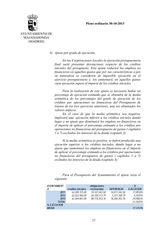 Pleno ordinario 30-10-2013
AYUNTAMIENTO DE
MAJADAHONDA
(MADRID)

b) Ajuste por grado de ejecución:
En las Corporaciones Locales la ejecución presupuestaria
final suele presentar desviaciones respecto de los créditos
iniciales del presupuesto. Este ajuste reducirá los empleos no
financieros en aquellos gastos que por sus características o por
su naturaleza se consideren de imposible ejecución en el
ejercicio presupuestario y, los aumentará, en aquellos gastos
cuya ejecución supere el importe de los créditos iniciales.
Para la realización de este ajuste es necesario hallar un
porcentaje de ejecución estimado que se obtendrá de la media
aritmética de los porcentajes del grado de ejecución de los
créditos por operaciones no financieras del Presupuesto de
Gastos de los tres ejercicios anteriores, una vez eliminados los
valores atípicos.
En el caso de que la media aritmética sea negativa,
implicará una ejecución inferior a los créditos iniciales dando
lugar a un ajuste que disminuirá los empleos no financieros en
el importe de aplicar el porcentaje estimado a los créditos por
operaciones no financieras del presupuesto de gastos ( capítulos
1 a 7) excluidos los intereses de la deuda (capitulo 3).
Si la media aritmética es positiva, se habrá producido una
ejecución superior a los créditos iniciales, dando lugar a un
ajuste que aumentará los empleos no financieros en el importe
de aplicar el porcentaje estimado a los créditos por operaciones
no financieras del presupuesto de gastos ( capítulos 1 a 7)
excluidos los intereses de la deuda (capitulo 3).

Para el Presupuesto del Ayuntamiento el ajuste sería el
siguiente:
AYUNTAMIENT
O
créditos iniciales
2011
63.289.701,00
2012
62.022.965,00
2013
62.569.061,00
TOTAL
% EJECUCION
MEDIA

obligaciones
reconocidas
74.107.043,58
65.250.313,79
80.775.553,76

DIFERENCIA
10.817.342,58
3.227.348,79
18.206.492,76

%
EJECUCION
17,0918%
5,2035%
29,0982%
51,3935%
17,1312%

17

 