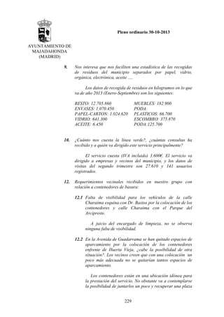 Pleno ordinario 30-10-2013
AYUNTAMIENTO DE
MAJADAHONDA
(MADRID)
9.

Nos interesa que nos faciliten una estadística de las recogidas
de residuos del municipio separados por papel, vidrio,
orgánica, electrónica, aceite ….
Los datos de recogida de residuos en kilogramos en lo que
va de año 2013 (Enero-Septiembre) son los siguientes:
RESTO: 12.705.860
ENVASES: 1.070.450
PAPEL-CARTON: 1.024.620
VIDRIO: 641.300
ACEITE: 6.450

10.

MUEBLES: 182.900
PODA:
PLASTICOS: 66.700
ESCOMBRO: 375.870
PODA:125.700

¿Cuánto nos cuesta la línea verde?, ¿cuántas consultas ha
recibido y a quién va dirigido este servicio principalmente?
El servicio cuesta (IVA incluido) 3.600€. El servicio va
dirigido a empresas y vecinos del municipio, y los datos de
visitas del segundo trimestre son 27.610 y 141 usuarios
registrados.

12.

Requerimientos vecinales recibidos en nuestro grupo con
relación a contenedores de basura:
12.1 Falta de visibilidad para los vehículos de la calle
Charaima esquina con Dr. Bastos por la colocación de los
contenedores y calle Charaima con el Parque del
Arcipreste.
A juicio del encargado de limpieza, no se observa
ninguna falta de visibilidad.
12.2 En la Avenida de Guadarrama se han quitado espacios de
aparcamiento por la colocación de los contenedores
enfrente de Huerta Vieja, ¿cabe la posibilidad de otra
situación?. Los vecinos creen que con una colocación un
poco más adecuada no se quitarían tantos espacios de
aparcamiento.
Los contenedores están en una ubicación idónea para
la prestación del servicio. No obstante va a contemplarse
la posibilidad de juntarlos un poco y recuperar una plaza
229

 