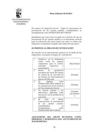 Pleno ordinario 30-10-2013
AYUNTAMIENTO DE
MAJADAHONDA
(MADRID)
En cuanto a la alegación tercera: “exigir al concesionario la
presentación de las cuentas anuales, considerándose su
incumplimiento como INFRACCIÓN MUY GRAVE”
Entendemos que como viene recogido en el artículo 38, que la
presentación de las cuentas anuales es un documento esencial
para la valoración del canon anual, por tanto se estima esta
alegación y así quedará recogida como infracción muy grave.
SE PROPONE AL ÓRGANO DE CONTRATACIÓN
De acuerdo con lo anteriormente expuesto en el estudio de las
alegaciones, se propone al órgano de contratación:
1.

2.

3.

4.

5.

Establecer en la Ordenanza
cuales serán los órganos
competentes para el control,
actividad
inspectora
y
sancionadora.
Incluir
la
aprobación
preceptiva por parte del órgano
de control de la concesión de
las Normas de Funcionamiento
Interno del Mercado
Se
tipifique
como
INFRACCIÓN MUY GRAVE la
no comunicación de las Normas
de Funcionamiento Interno.
La sanción máxima a las
infracciones tipificadas como
muy graves sea la pérdida de la
concesión.
Se
exija
al
futuro
Concesionario la presentación
de
las
cuentas
anuales,
considerándose
su
incumplimiento
como
INFRACCIÓN MUY GRAVE.

Desestimada

Estimada

Estimada

Estimada
parcialment
e

Estimada

ALEGACIONES DEL GRUPO MUNICIPAL UNIÓN,
PROGRESO Y DEMOCRACIA DEL AYUNTAMIENTO DE
MAJADAHONDA:
70

 