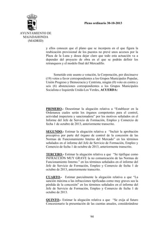 Pleno ordinario 30-10-2013
AYUNTAMIENTO DE
MAJADAHONDA
(MADRID)
y ellos conocen que el plano que se incorpora en el que figura la
reubicación provisional de los puestos no prevé unos accesos por la
Plaza de la Luna y desea dejar claro que todo esta actuación va a
depender del proyecto de obra en el que se podrán definir los
retranqueos y el modelo final del Mercadillo.

Sometido este asunto a votación, la Corporación, por diecinueve
(19) votos a favor correspondientes a los Grupos Municipales Popular,
Unión Progreso y Democracia y Centrista, ningún (0) voto en contra y
seis (6) abstenciones correspondientes a los Grupos Municipales
Socialista e Izquierda Unida-Los Verdes, ACUERDA:

PRIMERO.- Desestimar la alegación relativa a “Establecer en la
Ordenanza cuales serán los órganos competentes para el control,
actividad inspectora y sancionadora” por los motivos señalados en el
Informe del Jefe de Servicio de Formación, Empleo y Comercio de
fecha 1 de octubre de 2013, anteriormente transcrito.
SEGUNDO.- Estimar la alegación relativa a “Incluir la aprobación
preceptiva por parte del órgano de control de la concesión de las
Normas de Funcionamiento Interno del Mercado” en los términos
señalados en el informe del Jefe de Servicio de Formación, Empleo y
Comercio de fecha 1 de octubre de 2013, anteriormente transcrito.
TERCERO.- Estimar la alegación relativa a que “Se tipifique como
INFRACCIÓN MUY GRAVE la no comunicación de las Normas de
Funcionamiento Interno.” en los términos señalados en el informe del
Jefe de Servicio de Formación, Empleo y Comercio de fecha 1 de
octubre de 2013, anteriormente transcrito.
CUARTO.- Estimar parcialmente la alegación relativa a que “La
sanción máxima a las infracciones tipificadas como muy graves sea la
pérdida de la concesión” en los términos señalados en el informe del
Jefe de Servicio de Formación, Empleo y Comercio de fecha 1 de
octubre de 2013.
QUINTO.- Estimar la alegación relativa a que “Se exija al futuro
Concesionario la presentación de las cuentas anuales, considerándose

94

 