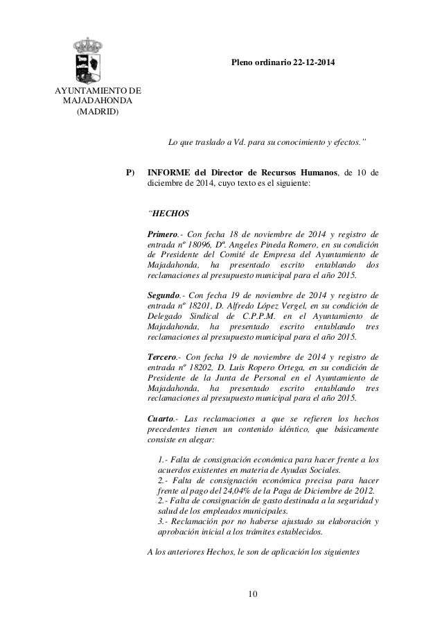 Acta de la sesión plenaria de Majadahonda de diciembre de 2014
