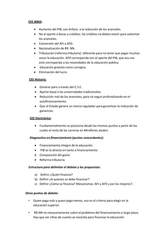 CEE BIMA:

            Aumento del PIB, con énfasis a la reducción de los aranceles.
            No al aporte a becas y créditos: los créditos no deben existir para solventar
            los aranceles.
            Conversión del AFI a AFD.
            Nacionalización de RR. NN.
            Tributación (reforma tributaria) diferente para no tener que pagar muchas
            veces la educación. AFD corresponda con el aporte del PIB, que asu vez
            este corresponda a las necesidades de la educación pública.
             Educación gratuita como consigna.
            Eliminación del lucro.

  CEE Historia:

             Generar paro a través del C.S.E.
             Aporte basal a las universidades tradicionales.
             Reducción real de los aranceles, para no seguir profundizando en el
             autofinanciamiento.
             Que el Estado genere un marco regulador para garantizar la reducción de
             ganancias.

      CEE Electrónica:

             Fundamentalmente se posiciona desde los mismos puntos a partir de los
             cuales el resto de las carreras en Miraflores aluden.

      Diagnostico en financiamiento (puntos concordantes):

             Financiamiento integro de la educación.
             PIB es lo directo en tanto a financiamiento.
             Composición del gasto
             Reforma tributaria.

  Estructura para delimitar el debate y las propuestas:

         a) Definir ¿Quién financia?
         b) Definir ¿A quienes se debe financiar?
         c) Definir ¿Cómo se financia? Mecanismos: AFI y AFD ¿son los mejores?.

Otros puntos de debate:

  •     Quien paga más y quien paga menos, eso es el criterio para elegir en la
        educación superior.

  •     RR.NN no necesariamente cubre el problema del financiamiento a largo plazo.
        Hay que ver cifras de cuanto se necesita para financiar la educación.
 