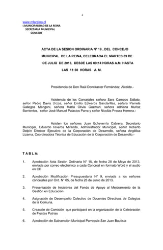 1
www.mlareina.cl
I.MUNICIPALIDAD DE LA REINA
SECRETARIA MUNICIPAL
CONCEJO
ACTA DE LA SESION ORDINARIA Nº 19 , DEL CONCEJO
MUNICIPAL DE LA REINA, CELEBRADA EL MARTES 09 DE
DE JULIO DE 2013, DESDE LAS 09:14 HORAS A.M. HASTA
LAS 11:30 HORAS A. M.
Presidencia de Don Raúl Donckaster Fernández, Alcalde.-
Asistencia de los Concejales señora Sara Campos Sallato,
señor Pedro Davis Urzúa, señor Emilio Edwards Gandarillas, señora Pamela
Gallegos Mengoni, señora María Olivia Gazmuri, señora Adriana Muñoz
Barrientos, señor José Manuel Palacios Parra y señor Nicolás Preuss Herrera.-
Asisten los señores Juan Echeverría Cabrera, Secretario
Municipal, Eduardo Riveros Miranda, Administrador Municipal, señor Roberto
Delpín Director Ejecutivo de la Corporación de Desarrollo, señora Angélica
Lizama, Coordinadora Técnica de Educación de la Corporación de Desarrollo.-
T A B L A:
1. Aprobación Acta Sesión Ordinaria N° 15, de fecha 28 de Mayo de 2013,
enviada por correo electrónico a cada Concejal en formato Word y el audio
en CD
2. Aprobación Modificación Presupuestaria N° 9, enviada a los señores
concejales por Ord. N° 65, de fecha 26 de Junio de 2013.
3. Presentación de Iniciativas del Fondo de Apoyo al Mejoramiento de la
Gestión en Educación
4. Asignación de Desempeño Colectivo de Docentes Directivos de Colegios
de la Comuna.
5. Creación de Comisión que participará en la organización de la Celebración
de Fiestas Patrias
6. Aprobación de Subvención Municipal Parroquia San Juan Bautista
 