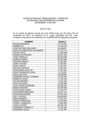 CONVOCATORIA DE TRABAJADORES –CERREJON
              EN PROCESO DE ENFERMEDAD CIS MINA
                     NOVIEMBRE 12 DE 2007


                               ACTA Nº 001

En la ciudad de Albania siendo las ocho (8:00) horas del día doce (12) de
noviembre de 2007, se reunieron en el salón Cartagena del CIS para
constituir la Asociación de enfermos en el CERREJON las siguientes personas:

            NOMBRE                                   CEDULA
ROGER MARENCO                                       77.019.301
HUMBERTO                                            72.183.918
JOSE ANTONIO DELGADO                                84.046481
ADOLFO E MENDOZA VILLAMIZAR                         91.102.114
ETILSO ORTIZ                                        17.805.948
ARAMIS CORONADO                                     84.031.039
JOSE CARRILLO                                       84.030.959
JAIDER SUAREZ                                       84.043.006
RICARDO AMAYA                                        5.164.389
JAIME CATAÑO                                         5.159.590
JOSE A BRITO                                         5.153.105
NELSON ARAGON                                       17.952.222
JOSE MARIA LEVETTE                                   5.153.490
FREDY FRANCISCO DIAZ                                 5.172.262
ADAIL BOLIVAR                                       84.005589
ESNEIDER RAFAEL CORREA                              17.809.604
ERNESTO VEGA                                        77.100.192
VICTOR MERIÑO                                       17.972.250
GUSTAVO DAZA                                        12.520.906
JOSE ISIDRO CORDOBA                                 84.036.432
MARILIN IBARRA                                      42.499.866
CARLOS BALCAZAR                                     17.972.071
ALEJANDRO MENDOZA                                   84.037.116
EUDIS MANJARREZ                                     84.037.264
AULY CORTES                                         84.028.824
EDER ROMERO                                         17.972.677
ARAMIS PEÑALOZA                                     17.970.892
JORGE L ZAMORA S                                    17.952.593
JOSE ALVAREZ                                        84.038.134
FERNANDO CARRILLO                                   72.145.402
DIOMEDES SALAS                                       5.153.346
 