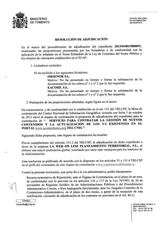Documento de Acta de adjudicación expediente 2013/010013000091 del CNIG