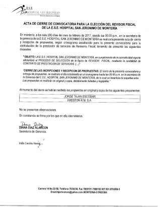 ACTA DE CIERRE - CONVOCATORIA para la elección del revisor Fiscal de la E.S.E Hospital San Jerónimo de Montería