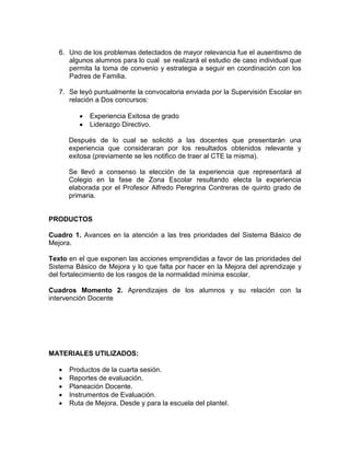 6. Uno de los problemas detectados de mayor relevancia fue el ausentismo de
algunos alumnos para lo cual se realizará el estudio de caso individual que
permita la toma de convenio y estrategia a seguir en coordinación con los
Padres de Familia.
7. Se leyó puntualmente la convocatoria enviada por la Supervisión Escolar en
relación a Dos concursos:
 Experiencia Exitosa de grado
 Liderazgo Directivo.
Después de lo cual se solicitó a las docentes que presentarán una
experiencia que consideraran por los resultados obtenidos relevante y
exitosa (previamente se les notifico de traer al CTE la misma).
Se llevó a consenso la elección de la experiencia que representará al
Colegio en la fase de Zona Escolar resultando electa la experiencia
elaborada por el Profesor Alfredo Peregrina Contreras de quinto grado de
primaria.
PRODUCTOS
Cuadro 1. Avances en la atención a las tres prioridades del Sistema Básico de
Mejora.
Texto en el que exponen las acciones emprendidas a favor de las prioridades del
Sistema Básico de Mejora y lo que falta por hacer en la Mejora del aprendizaje y
del fortalecimiento de los rasgos de la normalidad mínima escolar.
Cuadros Momento 2. Aprendizajes de los alumnos y su relación con la
intervención Docente
MATERIALES UTILIZADOS:
 Productos de la cuarta sesión.
 Reportes de evaluación.
 Planeación Docente.
 Instrumentos de Evaluación.
 Ruta de Mejora, Desde y para la escuela del plantel.
 