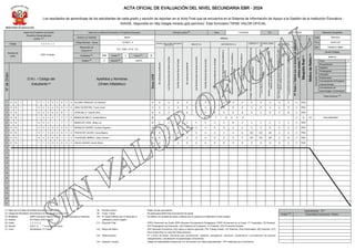 ACTA OFICIAL DE EVALUACIÓN DEL NIVEL SECUNDARIA EBR - 2024
Los resultados de aprendizaje de los estudiantes de cada grado y sección se reportan en el Acta Final que se encuentra en el Sistema de Información de Apoyo a la Gestión de la Institución Educativa -
SIAGIE, disponible en http://siagie.minedu.gob.pe/inicio/. Este formulario TIENE VALOR OFICIAL
Período Lectivo (8)
Inicio 11/03/2024 Fin 20/12/2024
Datos de la Instancia de Gestión
Educativa Descentralizada
(UGEL) (1)
Código 0 2 0 0 1 2
Nombre de
UGEL
UGEL Huaylas
Datos de la Institución Educativa o Programa Educativo
Número y/o Nombre 86537
Código Modular - Anexo 1373075 - 0
Resolución de
Creación N°
R.D. UGEL HY N° 123
Modalidad (3) EBR Grado (5)
4 Turno (7)
M
Gestión (4)
P Sección(6)
UNICA
N°
de
Orden
D.N.I. / Código del
Estudiante (2)
Apellidos y Nombres
(Orden Alfabético)
Sexo
H/M
ÁREAS
CASTELLANO COMO SEGUNDA
LENGUA (G) INGLÉS (H) MATEMÁTICA (I) CIENCIA Y TECNOLOGÍA
(J)
EDUCACIÓN
RELIGIOSA (K)
Se
comunica
oralmente
Lee
diversos
tipos
de
textos
escritos
Escribe
diversos
tipos
de
textos
Se
comunica
oralmente
Lee
diversos
tipos
de
textos
escritos
Escribe
diversos
tipos
de
textos
Resuelve
problemas
de
cantidad
Resuelve
problemas
de
regularidad,
equivalencia
y
cambio
Resuelve
problemas
de
forma,
movimiento
y
localización
Resuelve
problemas
de
gestión
de
datos
e
incertidumbre
Indaga
mediante
métodos
científicos
para
construir
sus
conocimientos
Explica
el
mundo
físico
basándose
en
conocimientos
sobre
los
seres
vivos;
materia
y
energía;
biodiversidad,
Tierra
y
Universo
Diseña
y
construye
soluciones
tecnológicas
para
resolver
problemas
de
su
entorno
Construye
su
identidad
como
persona
humana,
amada
por
Dios,
digna,
libre
y
trascendente,
comprendiendo
la
doctrina
de
su
propia
religión,
abierto
al
diálogo
con
las
que
le
son
cercanas
Asume
la
experiencia
del
encuentro
personal
y
comunitario
con
Dios
en
su
proyecto
de
vida
en
coherencia
con
su
creencia
religiosa
N°
Áreas
y
Talleres
que
no
alcanzan
el
calificativo
mínimo
exigido
(10)
Situación
final
(11)
Motivo
de
Retiro
(12)
Ubicación Geográfica
Dpto. ÁNCASH
Prov. HUAYLAS
Dist. PUEBLO LIBRE
Centro Poblado
MARCA
Final X
Recuperación
Adelanto
Postergación
Ubicación
Subsanación
Convalidación de Estudios
independientes
Evaluación
(marca
X)
Convalidación de
Aprendizajes Comunitarios
Observaciones (13)
1 D N I 7 1 3 5 2 6 3 8 ALEGRE PAREDEZ, Eli Gerardo H A A A A A A A A A A A A A A A 0 PRO
2 D N I 6 0 3 2 9 4 4 9 JARA TOLENTINO, Frank Yolvis H A A A B A A B B B B A B A A B 0 PRO
3 D N I 6 0 4 8 6 8 1 1 LEON MILLA, Yasmin Gina M A A A B A A B B B B A A B A B 0 PRO
4 D N I 7 2 4 5 7 7 7 9 MENDOZA MILLA, Amelia Blanca M R E T I R A D O 0 R OT 024-03/06/2024
5 D N I 6 0 4 1 1 7 1 7 MENDOZA VIDAL, Betty Luz M C C C C C C C C B C C C C C C 11 PER
6 D N I 6 0 3 9 0 3 8 7 MORALES OSORIO, Evelina Angelica H A A A B A A A A A A A A B A A 0 PRO
7 D N I 6 1 5 8 2 5 3 0 PISCOCHE VALDEZ, Zonia Beatriz M A A A A A A A A A A AD AD AD A A 0 PRO
8 D N I 6 0 3 8 8 1 1 4 TOLENTINO IBAÑEZ, Jheyli Jimena M A A A A A A A A A A AD AD AD A B 0 PRO
9 D N I 7 1 2 0 4 6 4 3 TREJO GAVINO, Oscar Rimer H A A A B A A B B B B A B B B A 0 PRO
10
11
12
13
14
15
16
17
18
19
20
21
(1) Datos de la Unidad de Gestión Educativa Local - UGEL
(2) Código del Estudiante únicamente si el estudiante no tiene D.N.I.
(3) Modalidad : (EBR) Educación Básica Regular, (EAD) Educación a Distancia.
(4) Gestión : (P) Público (PR) Privado.
(5) Grado : 1, 2, 3, 4, 5.
(6) Sección : A,B,C, D, … "-" si es sección única.
(7) Turno : (M) Mañana, (T) Tarde.
(8) Período Lectivo : Según norma que autoriza.
(9) Comp. Transv. : No aplica para determinar la promoción de grado.
(10) N° Áreas/Talleres que no alcanzan el
calificativo mínimo exigido
: Se refiere a la cantidad de áreas y talleres que no alcanzan el calificativo mínimo exigido.
(11) Situación Final : (PRO) Promovido de Grado, (RR) Requiere Recuperación Pedagógica, (PER) Permanece en el Grado, (T) Trasladado, (R) Retirado,
(PE) Postergación de Evaluación, (AE) Adelanto de Evaluación, (F) Fallecido, (PG) Promoción Guiada.
(12) Motivo del Retiro : (SE) Situación Económica, (AG) Apoyo a labores agrícolas, (TR) Trabajo Infantil, (VI) Violencia, (EN) Enfermedad, (AD) Adicción, (OT)
Otros (Especificar en columna Observaciones).
(13) Observaciones : N° y fecha de Resol. directoral para recuperación, adelanto, portegación, ubicación, subsanación, convalidación de estudios
independientes, convalidación de aprendizajes comunitarios.
(14) Especial. Ocupac. : Código de especialidad ocupacional (14) de acuerdo a la Tabla Especialidades – EPT elaborada por el director(a).
Especialidades – EPT
Código (14) Especialidad Ocupacional - Módulo
 