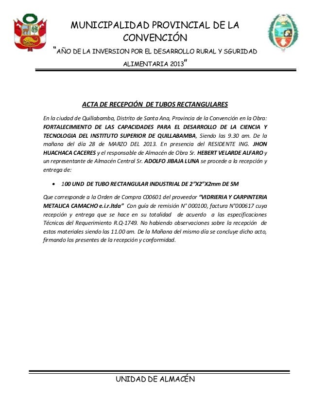 Acta de entrega de almacen